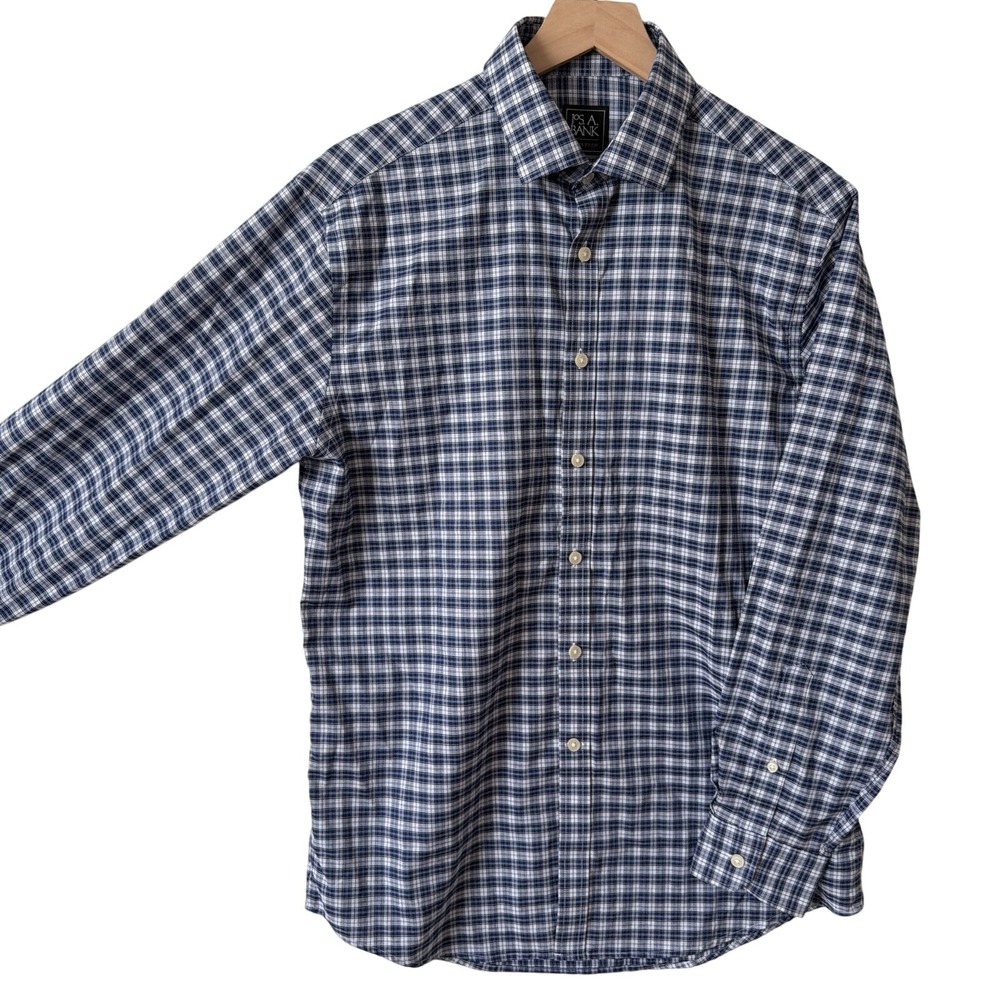 Jos A Bank Traveler Shirt Medium Men Blue Plaid Travel Tech Tailored Fit Stretch